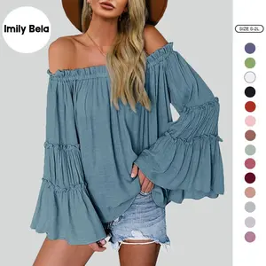 Imily Bela Womens Off The Shoulder Long Bell Sleeve Tops Flared Casual Loose Blouse