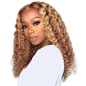 14 Inch Bob Wig Human Hair Highlight Ombre 13x4 lace front wig human hair 180% Density Real Human Hair Pre Plucked Deep Curly Short Bob Wigs for Women 4/27