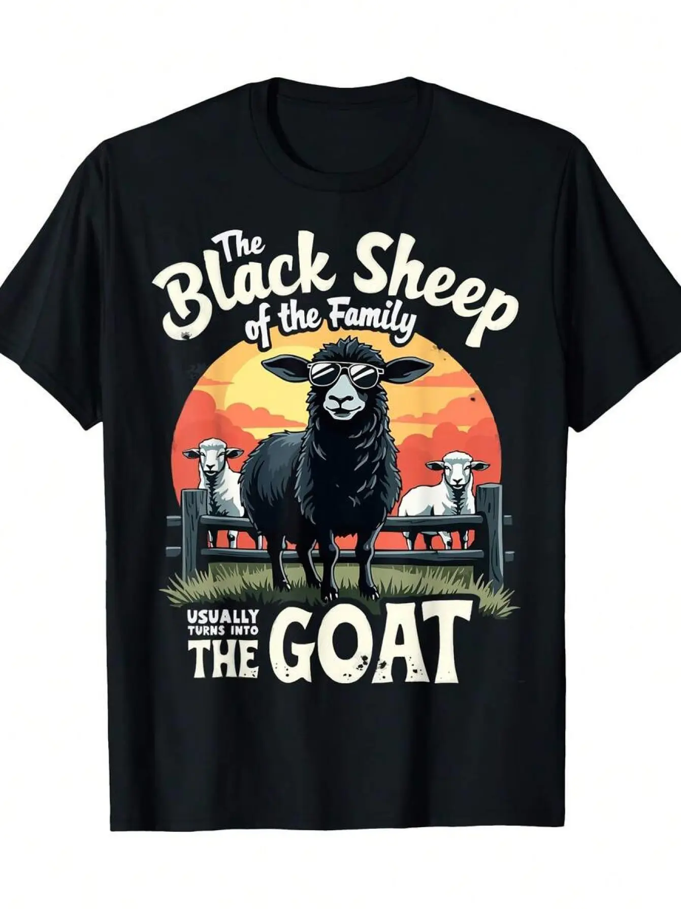 Men's "Black Sheep GOAT" Humor Graphic T-Shirt, Retro Streetwear Style with Short Sleeves and a Relaxed Fit Crew Neck, Vibe, Shortsleeve, Breathable