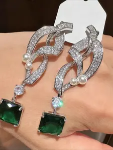 Bold Statement Large Cross Line Earrings for Women, Inlaid with Emerald Green Cubic Zirconia, Luxury Faux Pearl Jewelry, Elegant High-end Accessories for Wedding, Banquet, Party and Engagement