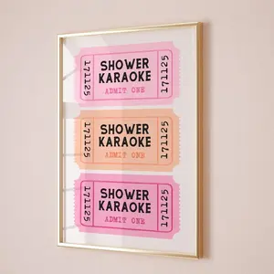 Shower karaoke print Bathroom preppy art Retro ticket poster Pink orange bathroom print Funky wall art Trendy aesthetic wall print  UNFRAMED