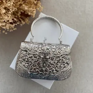 Silver Plated Brass Antique Clutch: Vintage Style Evening Bag With Top Handle