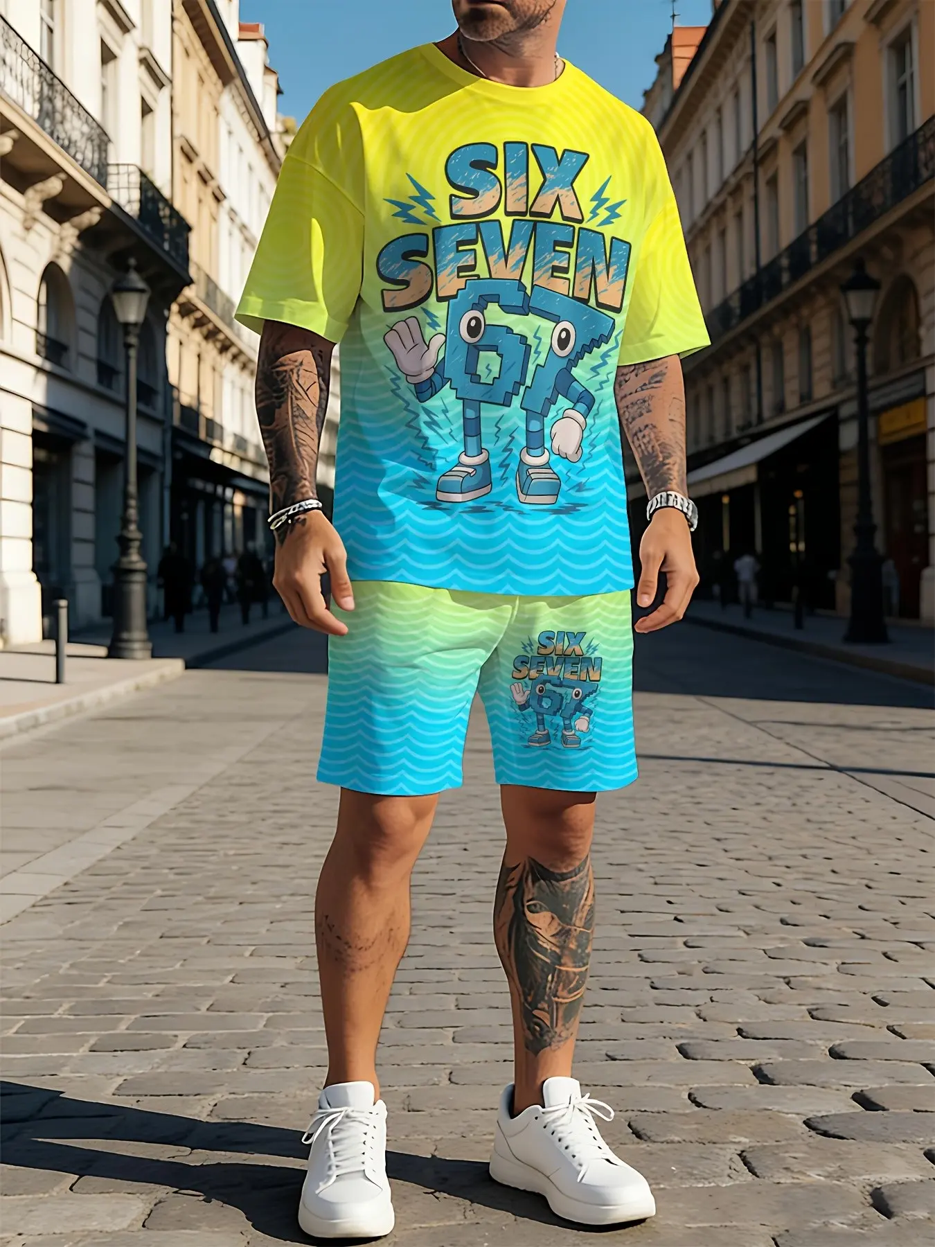 Stylish Men's Summer Tropical Suit: Shorts Set, Short-sleeved T-shirt with a fun 3D number 67 Print pattern and casual athletic shorts, perfect for outdoor activities.