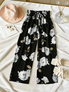 High Waist Drawstring Rose Print Wide Leg Pants, Soft and Comfortable, Perfect for Vacation, Versatile Slimming Long Trousers