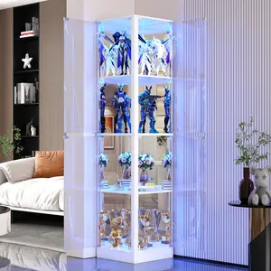 Corner Display Cabinet with Glass Doors- 68" 4-Tier Curio Cabinets with LED Lights, Display Case for Collectibles, Toys, Books, Figurines