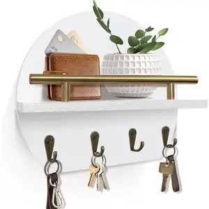 Key Holder Wall Mount Mail Organizer with Shelf & 4 Hooks, Semicircle Decorative Key Rack, Rustic Key Hanger for Entryway, Apartment Essentials, Home Decor Aesthetic
