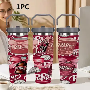 1pc 30oz Dr. Pepper: Bow-tiful Collection Stainless Steel Vacuum Insulated Bottle Cup, Dual-Layer Leak-Proof, Non-Slip Handle, Ideal for Hot/cold Drinks, Camping, Travel, Office