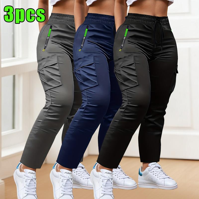 3-Pack women's multi-pocket thin overalls, four-season drawstring fashion pull-pocket design straight casual trousers, suitable for outdoor sports and daily appointments Summervibes