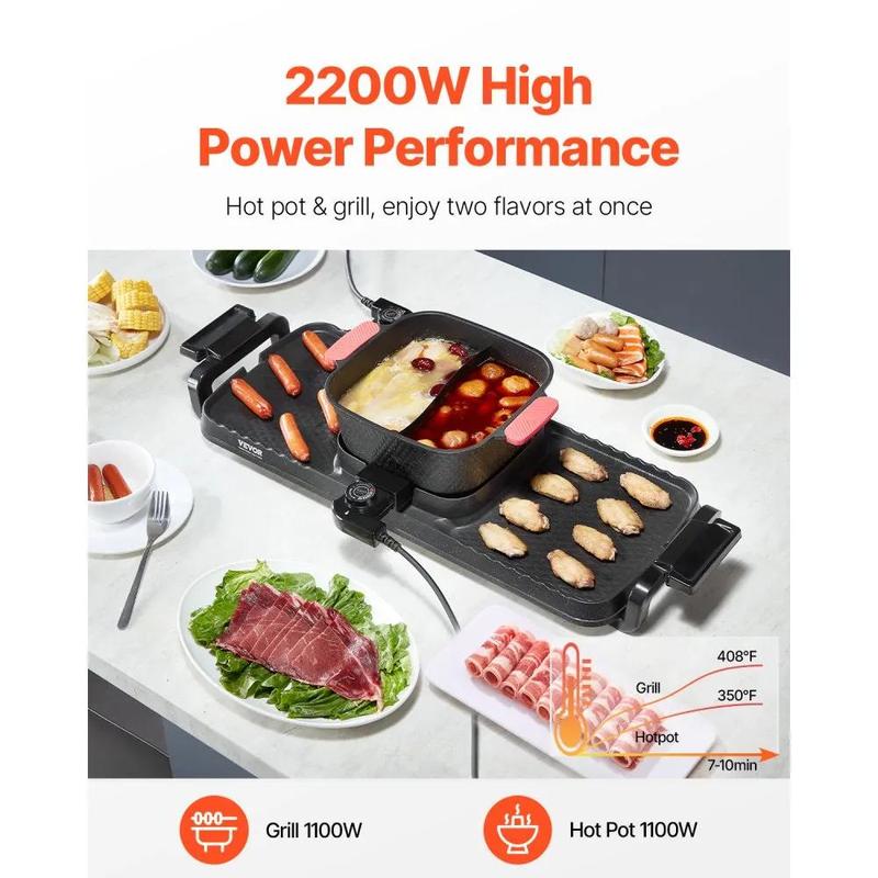 VEVOR Hot Pot with Grill, 2300W 2-in-1 Electric Smokeless Grill and Hot Pot, Removable Shabu-shabu Hotpot with Non-stick Pan, Separate Dual Temperature Control, Indoor Korean BBQ for 1-6 People