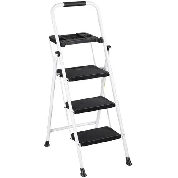 3 Step Ladder with Tool Platform Folding Step Stool with Anti-Slip Pedal White, Carbon Steel, Anti-Slip Steps