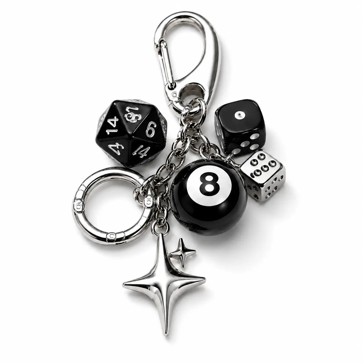 Dice & 8-Ball Keychain, Black Silver Game Charm Key Ring with Star Pendant and Carabiner Clip for Keys, Purse and Backpack