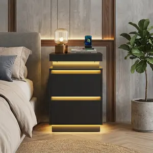 WPC Nightstand with App Control LED Lights & Charging Station, 2 Drawer Storage End Table, Multifunctional Side Table with Hidden Compartment, Modern Nordic Style Bedside Table for Bedroom Living Room Gaming Area, Black