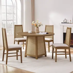 SICOATS Farmhouse Dining Table Set, 5-Piece Round Kitchen Table for 4 with Rattan Detail & Upholstered Chairs, 47 Inch Solid Wood Dining Set in Oak, Modern Cottage Style