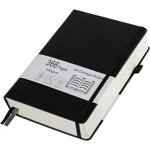 Thick College Ruled Notebook with 366 Numbered Pages, A5 Journals for Writing with 100GSM Lined Paper, Hardcover Leather Notebooks for Women Men School Note Taking Office Work Diary, 5.7"x8.3" Black