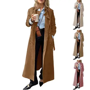 Fessceruna Womens Long Trench Coat Fall Faux Suede Jackets Double Breasted Lapel Pea Coat with Belt