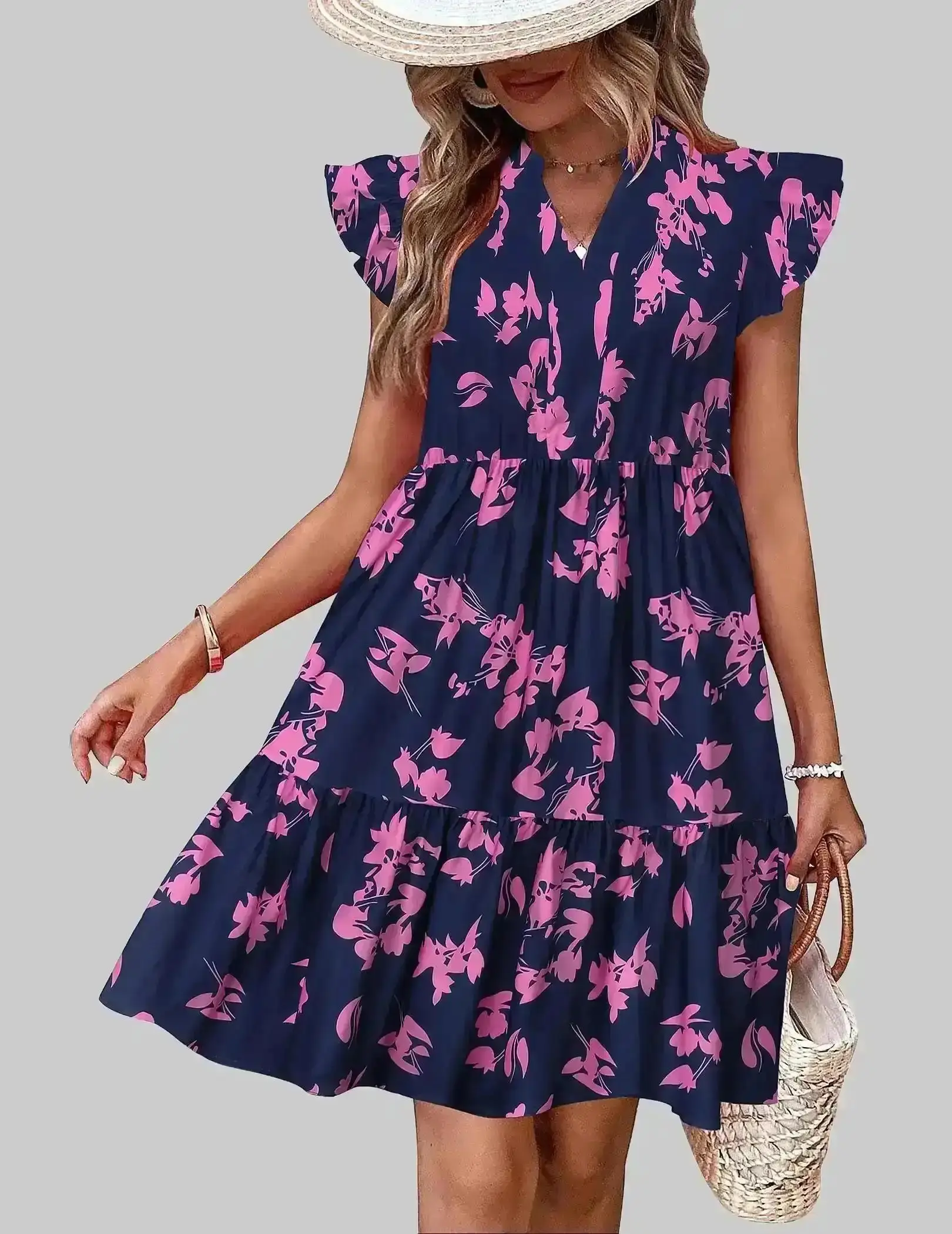 Stylish Summer Dress Ruffle Sleeve Tiered Mini - Straight Shoulder Bohemian V Neck Casual Womenswear, Elegant, Formal, Versatile, Comfort, Wear, Style, Outfit, Essential, Trendy, Chic, Classy, Modern, DailyLook