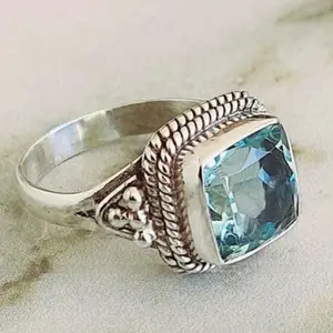 Classic Elegant Synthetic Aquamarine Blue Cubic Zirconia Silver Plated Ring for Women