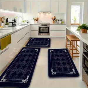 Fashionable Flannel Floor Mat with European Blue Floral Print, Soft Flannel Texture for Kitchen, Living Room, Bathroom Decor - Holiday Home Accent, Dining & Cafe Style Decorative Rug kitchen carpet