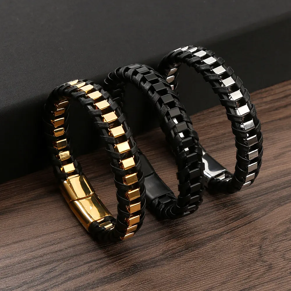 Men's Supple Rugged Braided Leather Bracelet with Square Rivet Magnetic Clasp, Gold-Silver Casual Trendy Jewelry, All-Season Sports Wristband for Sports & Outdoor Activities summervibes,summerwins