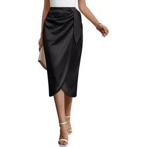 Women Satin Midi Skirt Tie Knot Front High Waist Ruched Wrap Skirts Cocktail Party Wedding Elegant Skirt