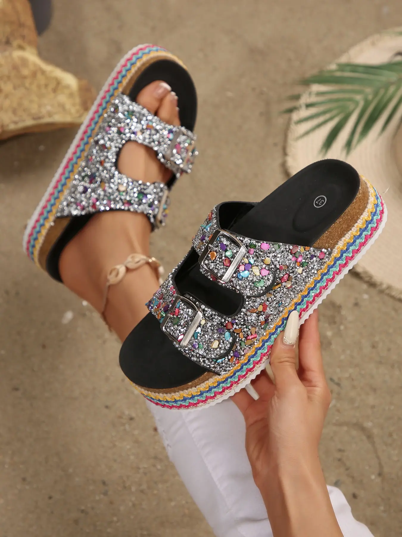 Boho Rhinestone Sandals for Women, Summer PU Leather Slippers, Glitter Slides, Rainbow Stripe Design, Thick Sole, Anti-Slip, Casual Beach Shoes
