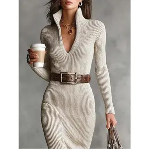 Fitted mid-length over-the-knee bodycon dress with an inner layer and waist belt