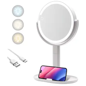 Makeup Mirror with Lights – 3 Color Modes, Adjustable Brightness and Height, 2-Sided Vanity Mirror (8.8 Inches) for Bathroom、Desk, Detachable & Travel-Friendly