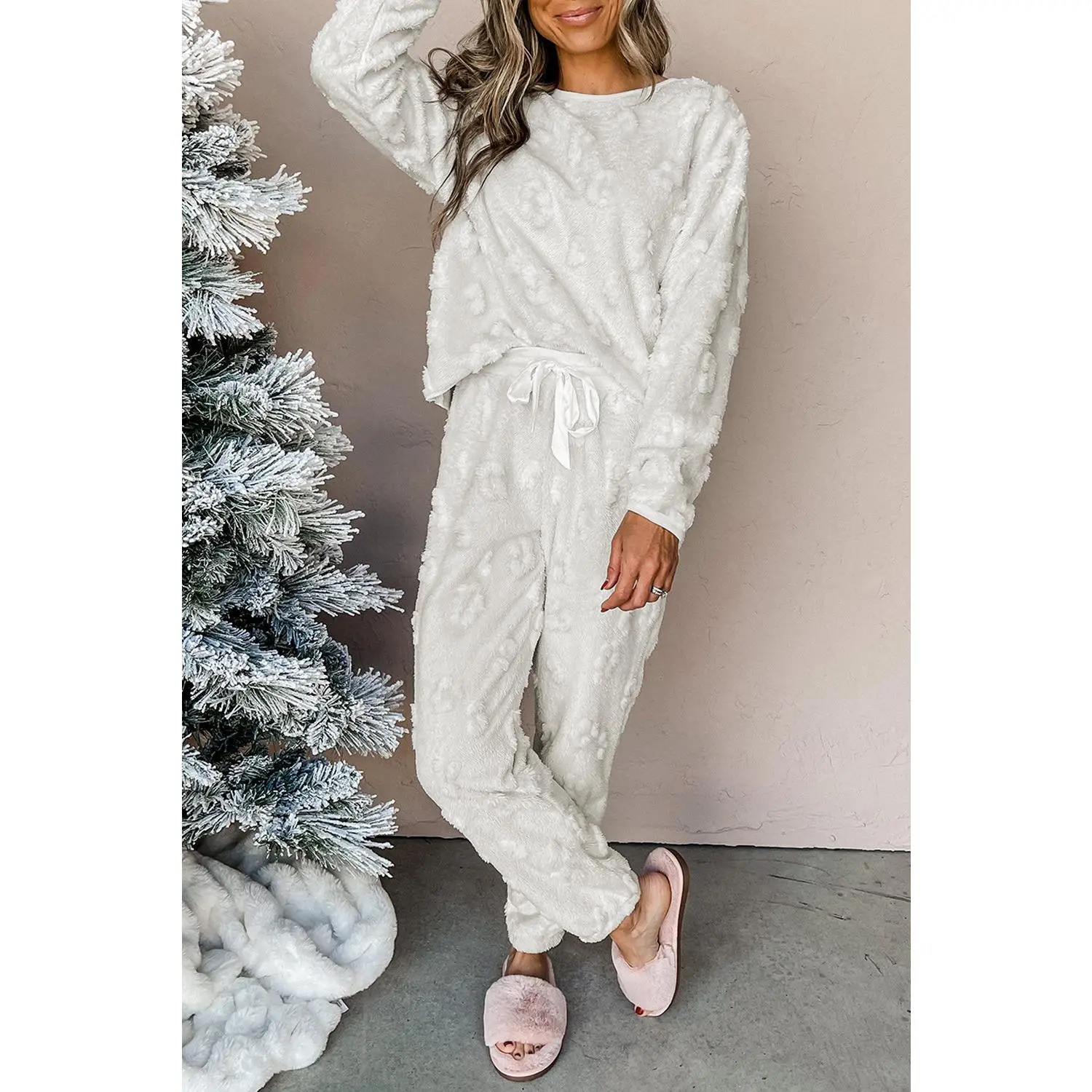 Light Grey Leopard Textured Loose Fit Fleece Lounge Set