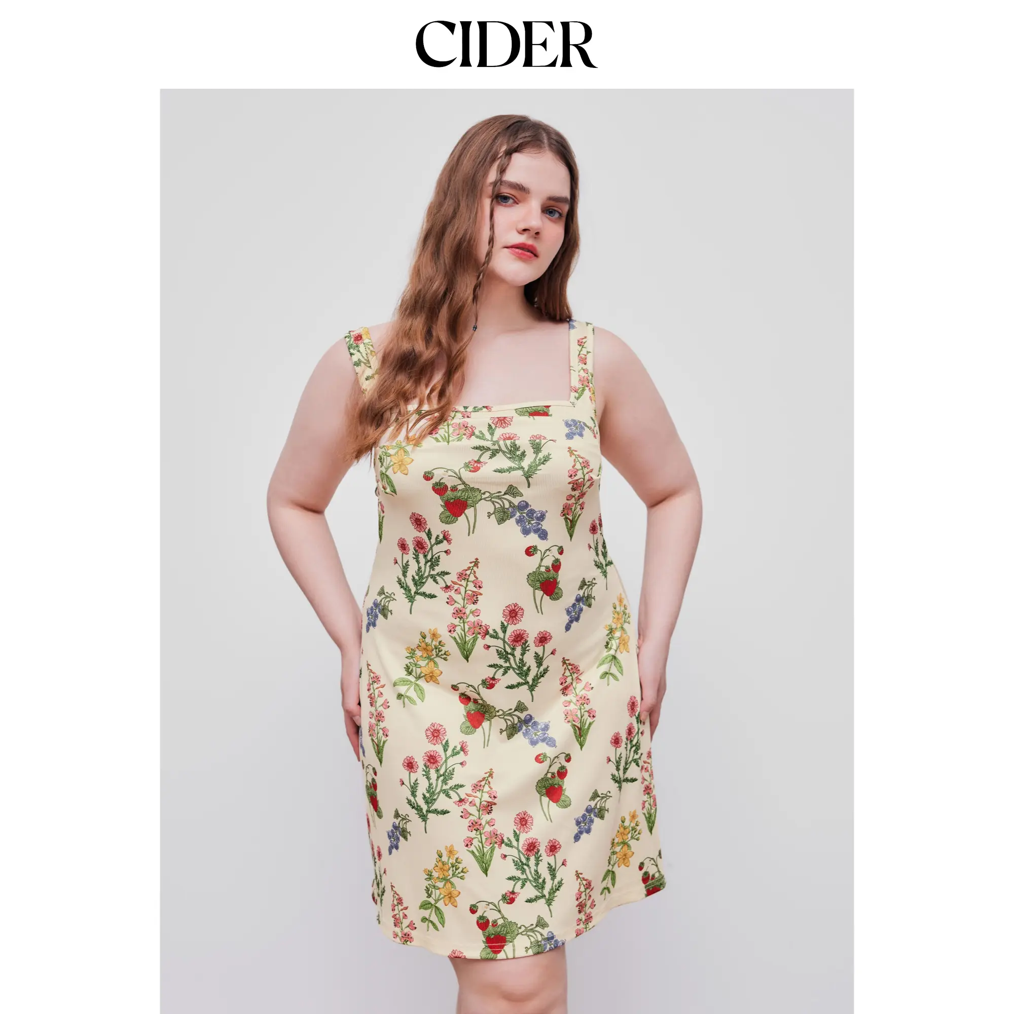 Cider Women's Curve & Plus Size Short Puff Sleeve Square Neck Floral Fruit Graphic Summer Vacation Mini Dress, Plus Size Dresses