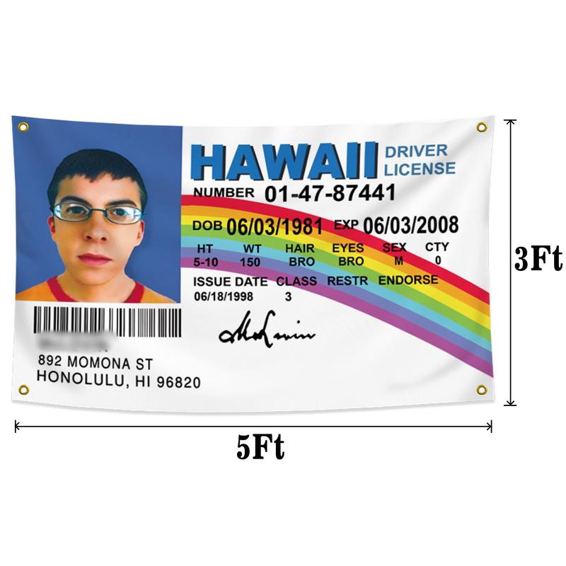 Hawaii ID Flag Fake Driver License 3x5 ft Mclovin Tapestry, Polyester with 4 Brass Grommets, Mc Loving Funny flags Poster for College Dorm Outdoor Banner