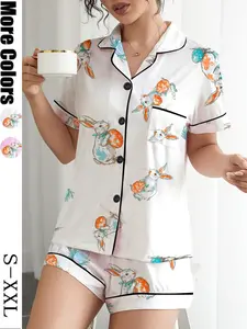 Easter 2 Piece Women's Pajama Set with Rabbit and Egg Print, Short Sleeve Button-Up Top and Loose Stretch Shorts, Casual Comfortable Sleepwear for Holidays and Everyday Wear