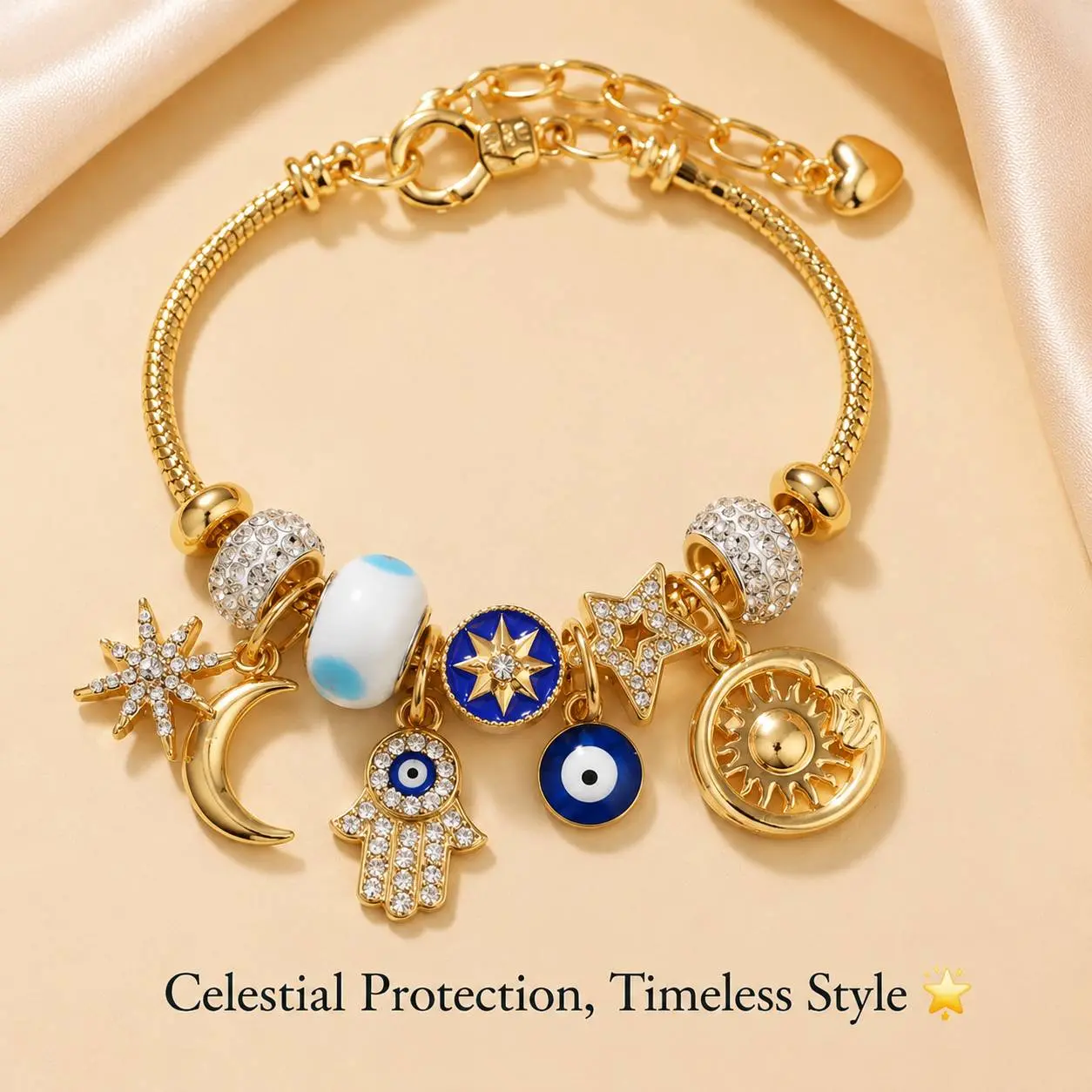 Evil Eye Bracelet for Women, Gold Charm Bracelet with Hamsa Hand, Moon & Star Charms, Protective Lucky Jewelry for Positive Energy, Adjustable Chain Bracelet Gift for Her