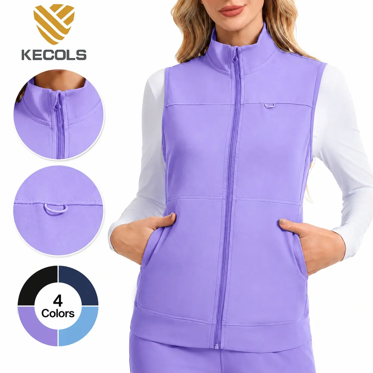 Kecols Women’s Scrubs Vest – Zip Front Sleeveless Nurse Work Vest with 2 Side Pockets for Healthcare Professionals
