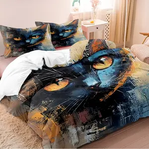 3-piece duvet cover set with graffiti-style black cat pattern, 3D digital printing technology, suitable for bedroom and guest room bedding (includes 1 duvet cover and 2 pillowcases, duvet insert not included). Machine washable, zippered design.