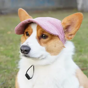Dog Baseball Cap Corduroy Pet Sun Hat with Ear Holes, Adjustable Puppy Visor for Small Medium Dogs, Outdoor Sun Protection Dog Hat for Corgi French Bulldog Poodle