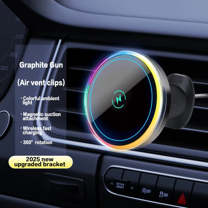 2025 Latest Design Alloy Metal 15W High-Speed Magnetic Wireless Charger Car Phone Mount Kit - RGB Lights, Anti-Drop Secure Vent Clip, 1-Hand Operation, 360-Degree Rotation, Adjustable for Cars Trucks Dashboard, Charging Kit Accessories