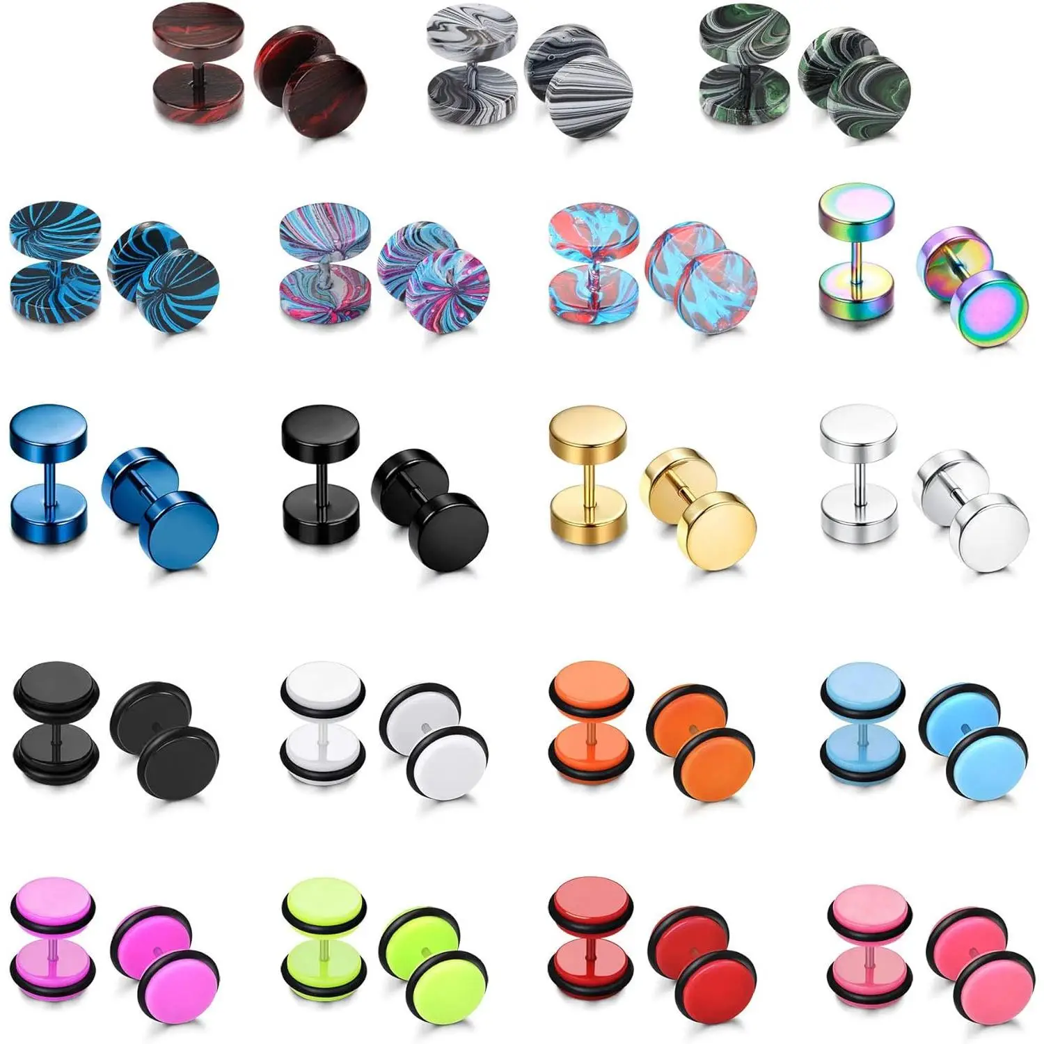 FLORIDECO 19 Pairs Stainless Steel Men Earrings Studs Ear Piercing Plugs Tunnel Screw Design Fake Gauges Earrings Flat Back Stud Earring Set for Men W