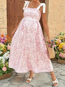 MaterniRIO Elegant Floral Print Knot Design Maternity Dress - Stylish Baby Shower & Wedding Guest Outfit for Pregnant Women