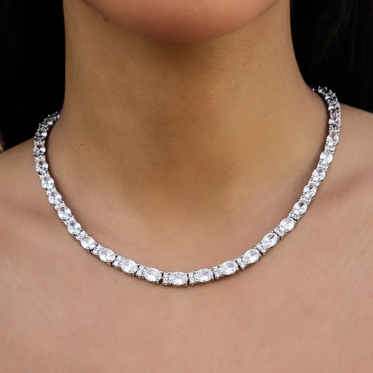 GLD Diamond Mixed Oval Cut Tennis Necklace in White Gold - 5mm #Stockupdeals