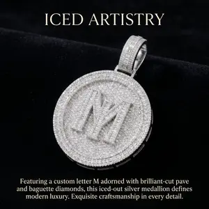 Men's Custom Capital Initial Letter Pendant Necklace, White Gold Plated Iced Out Round Disc Baguette CZ Name Charm, Bling Cubic Zirconia Hip Hop Streetwear Rapper Jewelry Accessory With Standard 4mm Twisted Rope Chain Holiday Gift
