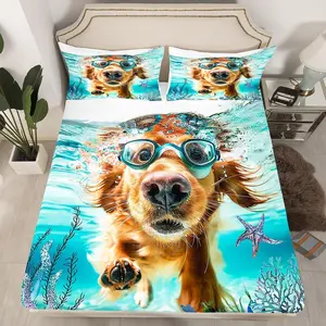 Feelyou Twin Size 3D Ocean Deep Pocket 4-Piece Printed 5D Artistic Character Fitted Sheet Set - Breathable, Lightweight Coastal Luxury Bedding, Beach-Inspired Comfy Cover for Dogs, Printed Fitted Sheets, 5D Fitted Sheets