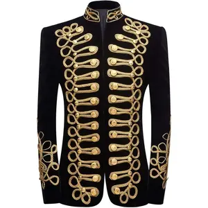 Mens Stylish Court Prince Black Velvet Gold Embroidery Blazer Suit Jacket