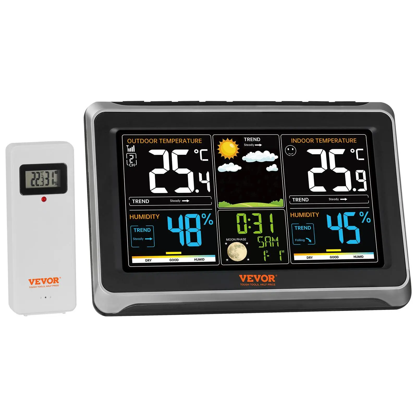 【FathersDayGift】VEVOR Weather Station Indoor Outdoor,  , 7.5 in Large Color Display, Wireless Digital Home Weather Station, with Sensor Atomic Clock Adjustable Backlight Forecast Data Calendar Alarm Alert Temperature