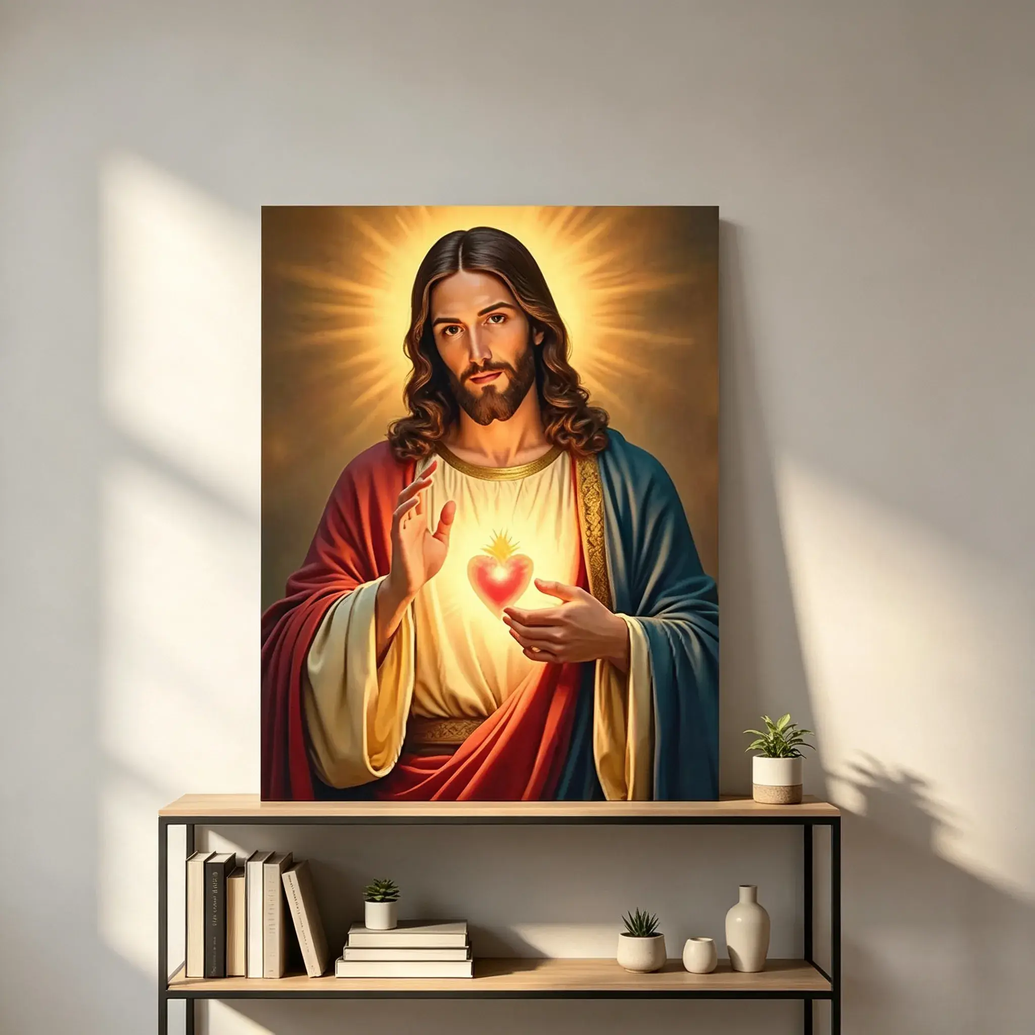 Sacred Heart Of Jesus Canvas Wall Art, Jesus Christ Portrait Divine Golden Light Religious Painting, Christian Faith Decor Living Room Chapel Catholic Gift