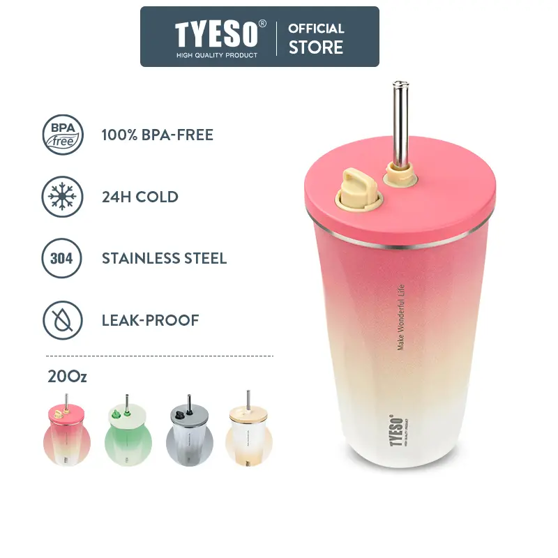 TYESO 16/20oz Solid Stainless Steel Vacuum Insulated Flask - Anti-Scalding, Heat Resistant Gradient Tumbler with Retractable Straw, 13-24 Hours Hot & Cold Retention, Portable Cruise Coffee Mug, Personalized Gift Drinkware