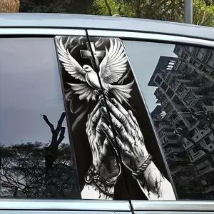 Car Split Pillar Decal - Black & White Peace Dove & Praying Hands & Cross Graphic Personalized Religious Window Decor Sticker