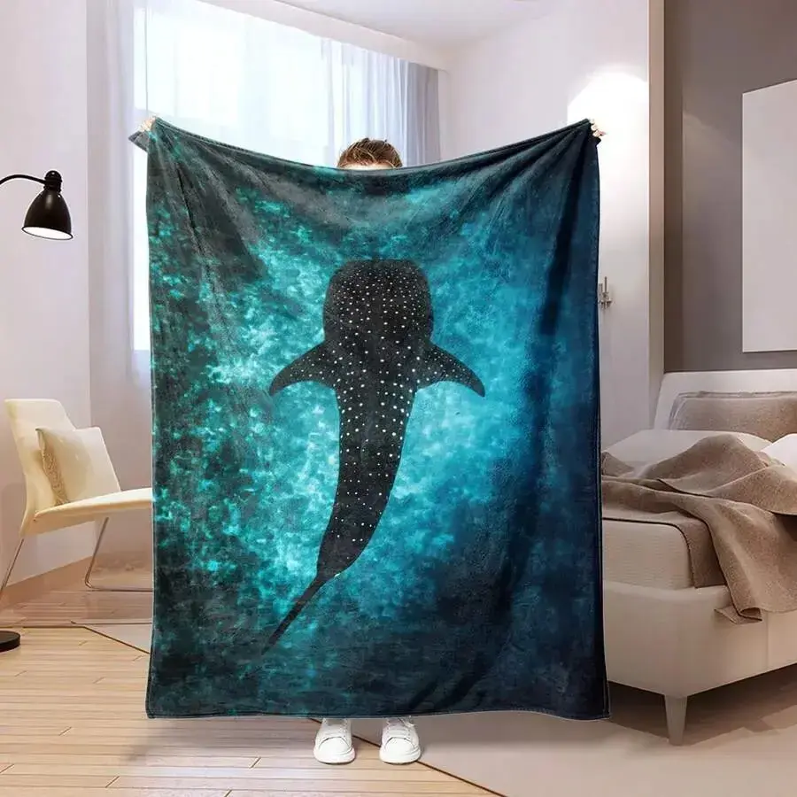 Ocean Shark & Whale Marine Creature Flannel Throw Blanket, Soft lightweight fabric for kids’ beds, nursery and couch decor, ideal coastal ornament for beach house lounge, lovely sea life printed gift for boys and girls to style ocean-themed rooms