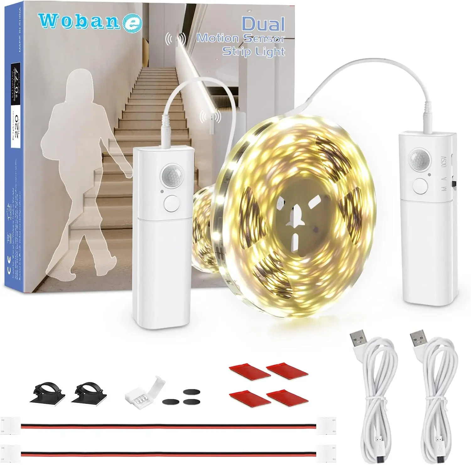 Dual Motion Sensor Stair Lights Strip, Rechargeable 16.4ft LED Strip Lighting,150 LEDs Cuttable Tape Light for Hallway,Under Cabinet,Cupboard,Shelves,Gun Safe,Flexible,6000K White