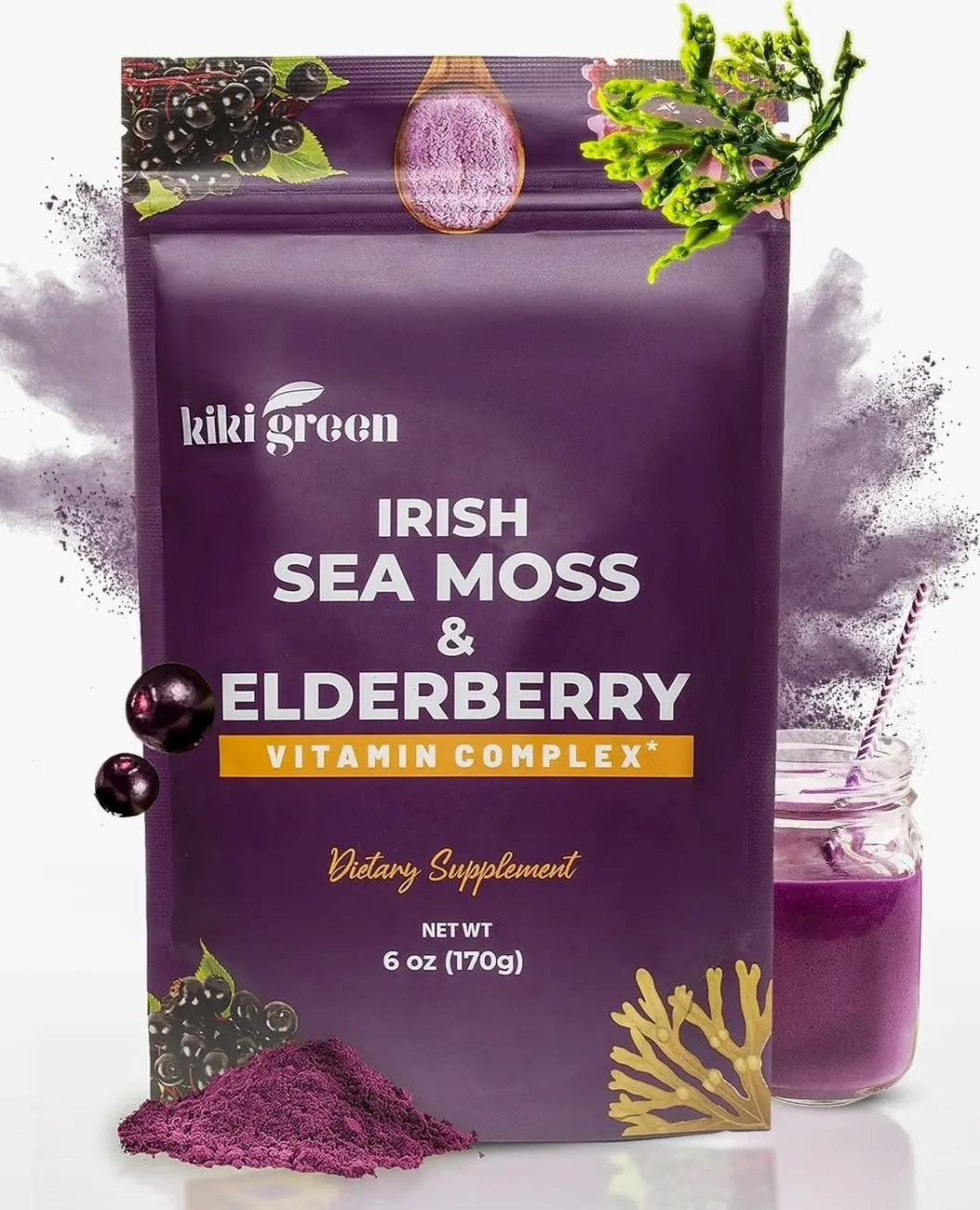 Sea Moss Powder with Elderberry - Vegan Superfood Multivitamin Blend - for Immune Boost and Support - Add to Smoothies, Juice, 6 oz