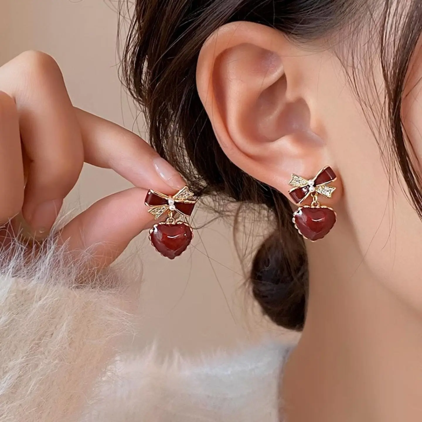 Bow Heart Dangle Earrings, Burgundy Enamel with CZ and Simulated Pearl, Champagne Metallic Drop Earrings for Women Valentine Gift